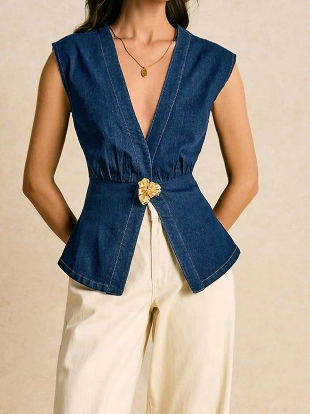 Dark Wash Elegant Women's Metal Decor Waist Cinching Denim Blouse